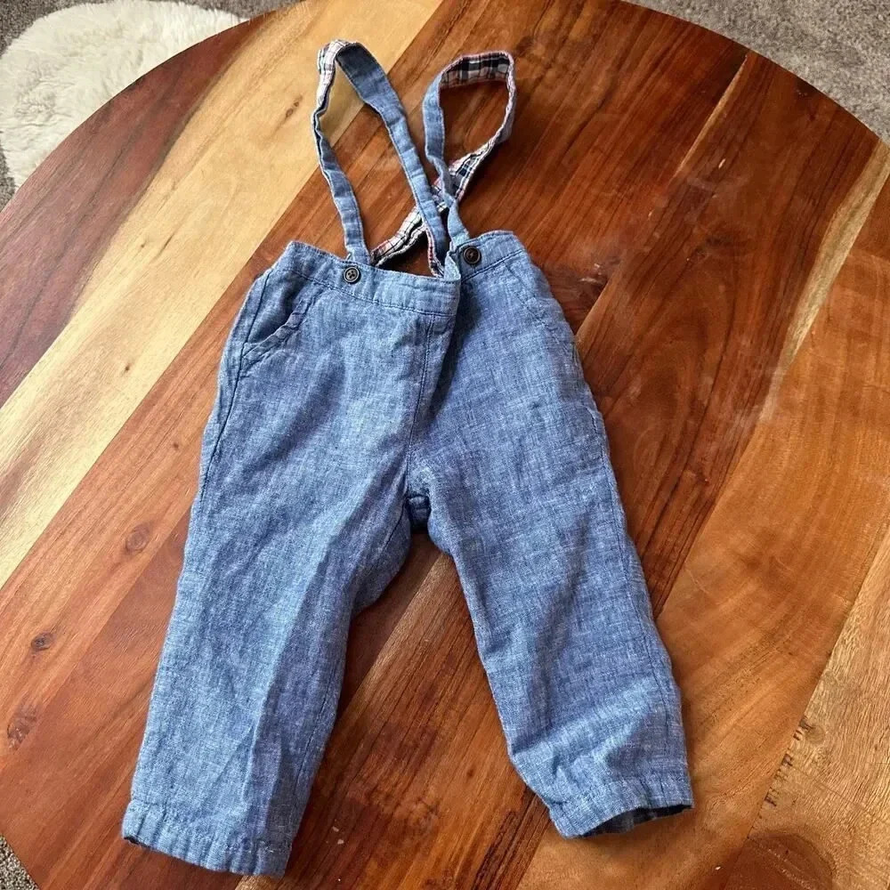 JANIE AND JACK Size 12-18M Boys Chambray Overalls Linen‎ Blend